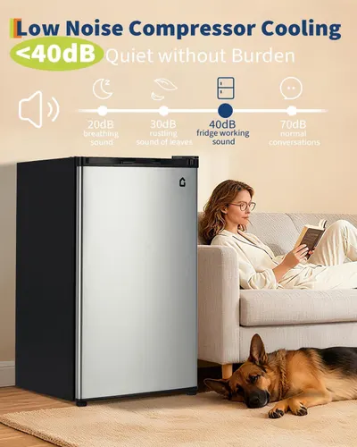 Communicates the refrigerator's quiet operation at less than 40dB, reassuring shoppers that it won't disrupt their living space or daily activities. Shows the product in a real-world home setting…