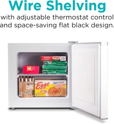 Communicates multiple key benefits of the freezer including its wire shelving storage system, adjustable temperature control, and compact space-saving design to appeal to shoppers looking for a…