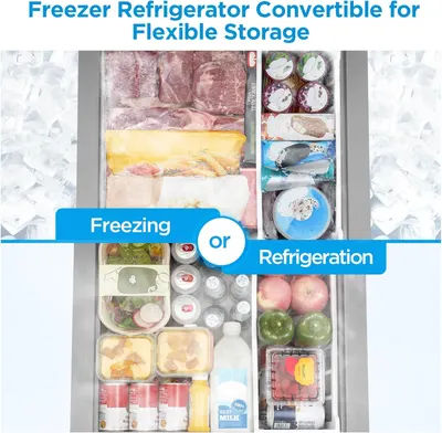 Demonstrates the product's versatility by showing it can be used as both a freezer and refrigerator, with visual examples of different food storage scenarios to reassure shoppers of its flexible…