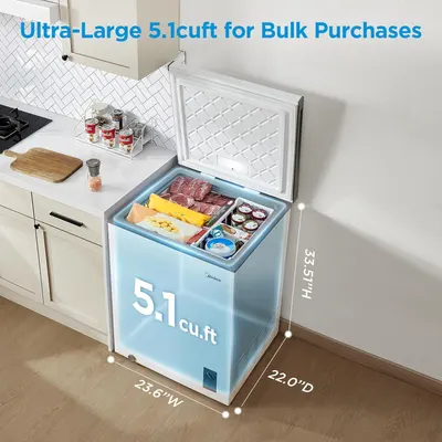 Communicates the large storage capacity of the freezer to show it's ideal for bulk purchases and storing large quantities of food. Shows the exact physical dimensions (height, width, depth) of the…