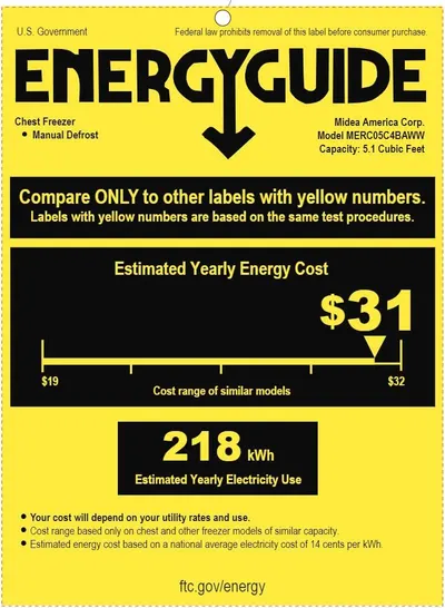 Communicates the product's energy efficiency by displaying the estimated yearly energy cost ($31) and electricity usage (218 kWh), helping shoppers understand operating costs and compare with…