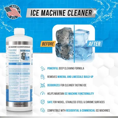 Demonstrates the product's effectiveness by showing dirty, mineral-stained ice cubes transformed into clean, clear ice cubes after using the cleaner. Highlights six distinct product benefits in a…