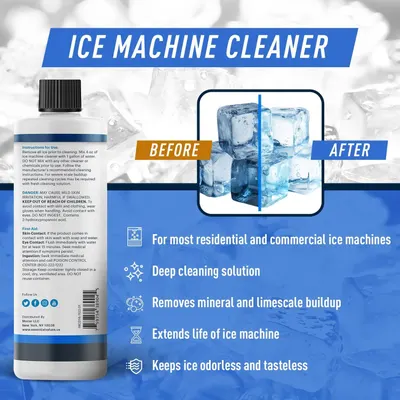 Demonstrates the cleaning effectiveness of the ice machine cleaner by showing cloudy, dirty ice cubes transformed into clear, clean ice cubes, reassuring shoppers of the product's ability to restore…