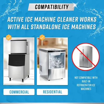 Communicates which types of ice machines the cleaner works with (commercial and residential standalone units) and which it does not (built-in refrigerator ice makers), helping shoppers understand…
