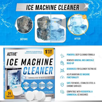 Demonstrates the cleaning effectiveness of the ice machine cleaner by showing dirty, contaminated ice cubes before use and clean, clear ice cubes after use. Highlights multiple distinct benefits of…