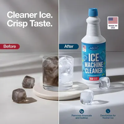 Demonstrates the transformation from dirty, cloudy ice to clean, clear ice after using the ice machine cleaner, proving the product's effectiveness at removing limescale and improving ice quality.…