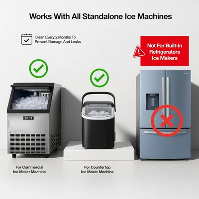 Shows shoppers which types of ice machines the product is compatible with (commercial and countertop standalone units) and clearly warns that it does NOT work with built-in refrigerator ice makers.