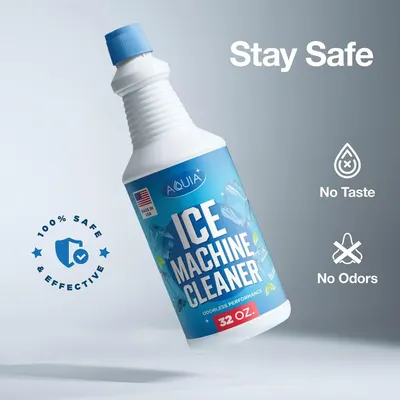 Communicates multiple key benefits of the ice machine cleaner: safety for use, no residual taste, and odorless performance to reassure shoppers of a clean, worry-free cleaning experience.