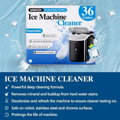 Communicates multiple distinct benefits of the ice machine cleaner in a segmented, bulleted layout to show comprehensive cleaning and maintenance capabilities.