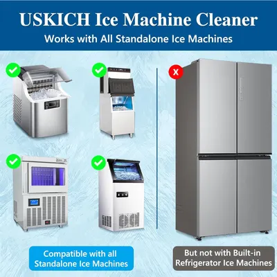 Demonstrates which types of ice machines the cleaner is compatible with (standalone models) and which it is not (built-in refrigerator ice machines), helping shoppers understand product applicability.