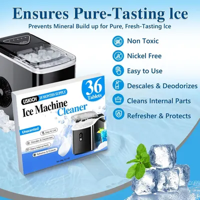 Communicates multiple benefits of the ice machine cleaner tablets, including safety features, ease of use, and cleaning capabilities to reassure shoppers of comprehensive product value.