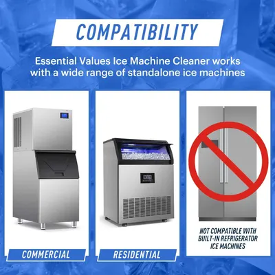 Demonstrates which types of standalone ice machines the cleaner is compatible with (commercial and residential) and clarifies it does NOT work with built-in refrigerator ice machines.