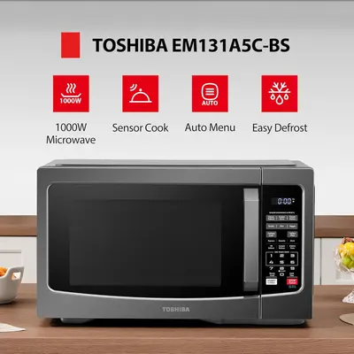 Highlights four key features of the Toshiba microwave in a segmented layout to communicate its versatility, power, and convenience to shoppers.