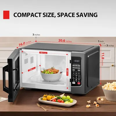 Communicates the exact physical dimensions of the microwave to help shoppers understand its compact footprint and ensure it will fit in their kitchen space. Reinforces the key benefit that this…