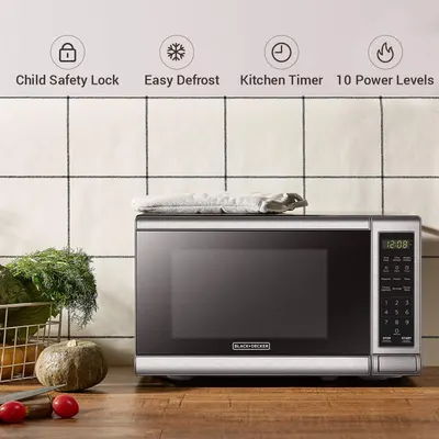 Communicates multiple key features of the microwave in a segmented layout to help shoppers understand the product's versatility and convenience across safety, defrosting, timing, and power control.