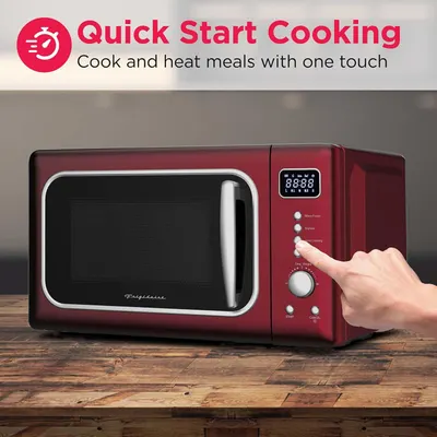 Communicates the convenience and ease of use of the microwave's quick-start cooking feature, showing that meals can be cooked and heated with just one touch.