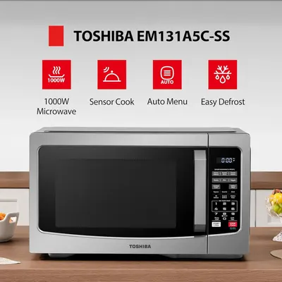 Highlights four key features of the Toshiba microwave in a segmented layout to communicate its versatility, power, and convenience to shoppers.