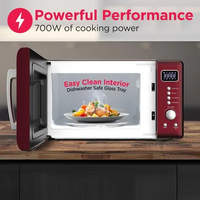 Communicates multiple key selling benefits of the microwave: high cooking power, easy-to-clean interior, and dishwasher-safe components to reassure shoppers of convenience and performance.