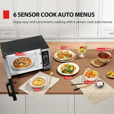 Demonstrates the microwave's versatility by showing six different food types that can be cooked using the sensor cook auto menus, reassuring shoppers that the appliance handles multiple cooking…
