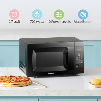 Communicates four key product specifications and features in a segmented layout to help shoppers quickly understand the microwave's capacity, power, control options, and convenience features.
