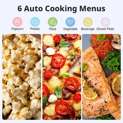 Demonstrates the appliance's convenience by showcasing six pre-programmed cooking menus (Popcorn, Potato, Pizza, Vegetable, Beverage, Dinner Plate) with visual examples to reassure shoppers of its…