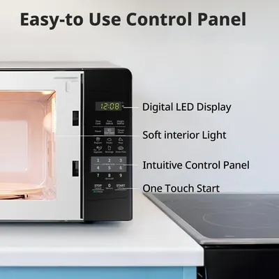 Communicates multiple ease-of-use features of the microwave control panel to reassure shoppers that the appliance is user-friendly and convenient to operate.