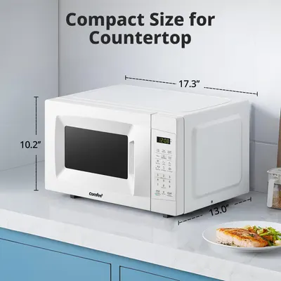 Communicates the physical dimensions of the microwave to reassure shoppers it will fit on their countertop without taking up excessive space.