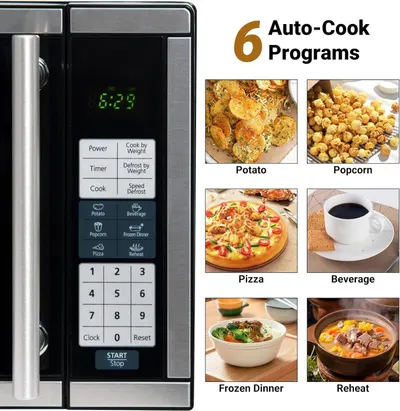 Demonstrates the multiple preset cooking programs available on the microwave, showing shoppers the variety of foods and tasks the appliance can handle automatically.