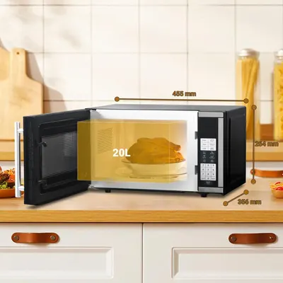 Communicates the exact physical dimensions (455mm x 264mm x 356mm) and 20L capacity of the microwave to help shoppers understand if it will fit their space and meet their needs. Highlights the…
