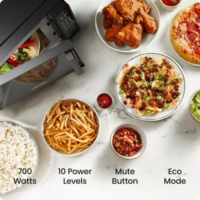 Communicates multiple key features of the microwave to show its versatility, power, and convenience for cooking various foods.