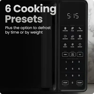 Highlights the convenience of 6 one-touch cooking presets and flexible defrost options to reassure shoppers that the microwave simplifies meal preparation.