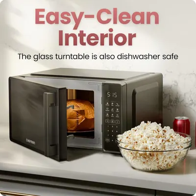 Highlights the convenience of easy cleaning by emphasizing that the glass turntable is dishwasher safe, reassuring shoppers that maintenance is simple and hassle-free.