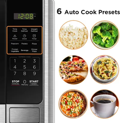 Demonstrates the microwave's versatility and convenience by showcasing six different preset cooking options (popcorn, broccoli, pizza, pasta, soup, beverage) that simplify meal preparation with…