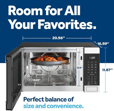 Communicates the physical dimensions of the microwave to help shoppers understand if it will fit their space while still offering generous interior capacity for cooking.