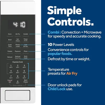 This image breaks down the microwave's control panel by pointing to and labeling specific physical components and their functions, helping shoppers understand what each button and feature does.