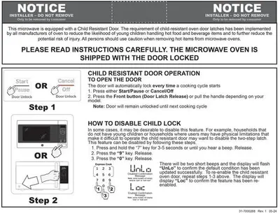 This installer notice provides step-by-step instructions for operating the child-resistant door feature and disabling the child lock, ensuring safe and proper use of the microwave oven.