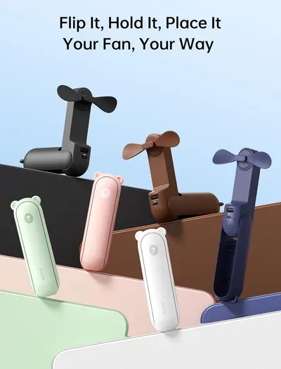 Showcases the brand's product lineup with multiple color options available, helping shoppers understand the variety and choose their preferred style. Communicates the key benefit that the fan can be…