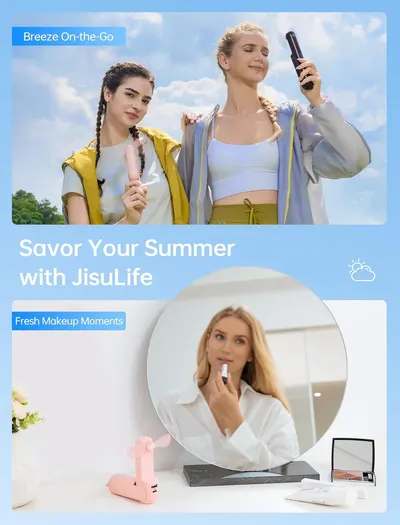 Demonstrates multiple use cases for the portable product—outdoor/on-the-go use and indoor makeup application—to show versatility and convenience across different scenarios.