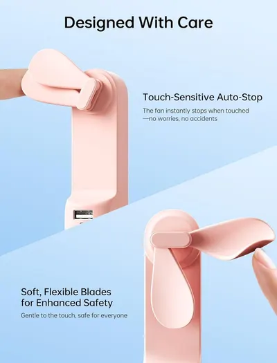 Communicates the product's safety features—touch-sensitive auto-stop and flexible blades—to reassure shoppers that the fan is safe for families and children. Highlights two distinct safety benefits…