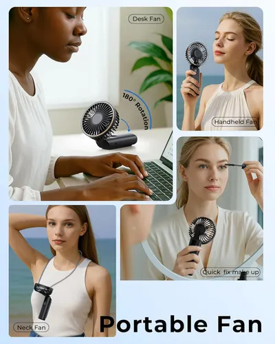 Demonstrates the versatility of the portable fan by showing multiple real-world applications and usage scenarios, reassuring shoppers that the product adapts to different needs and environments.…
