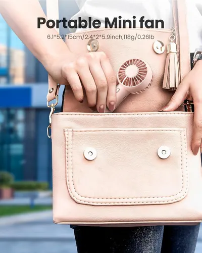 Communicates the exact physical dimensions and weight of the mini fan to reassure shoppers that it's truly portable and easy to carry. Highlights the product's portability benefit by showing it fits…