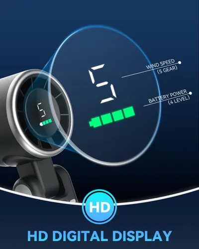 Communicates the product's advanced digital display interface that shows multiple controllable features including wind speed settings and battery levels, reassuring shoppers of the product's modern…