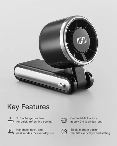 Communicates multiple distinct selling benefits of the portable fan in a segmented layout, highlighting cooling power, portability, versatility, and aesthetic appeal to help shoppers understand the…