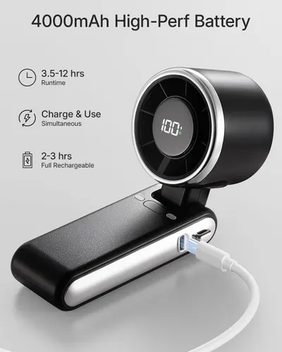 Communicates multiple battery-related benefits in a segmented layout with icons, showing the product's high capacity, long runtime, simultaneous charge-and-use capability, and fast recharge time to…