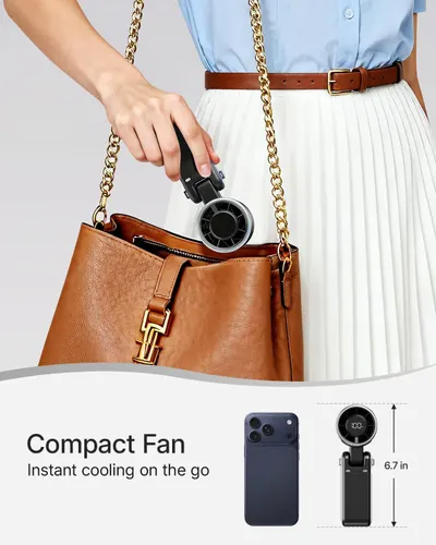 Demonstrates the compact, portable size of the fan accessory with a dimensional measurement (6.7 inches) and lifestyle context showing it fits easily in a handbag for on-the-go cooling. Communicates…