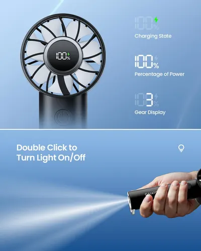 Communicates multiple distinct features of the portable fan including its digital display capabilities, battery monitoring, gear settings, and light control functionality to demonstrate the…
