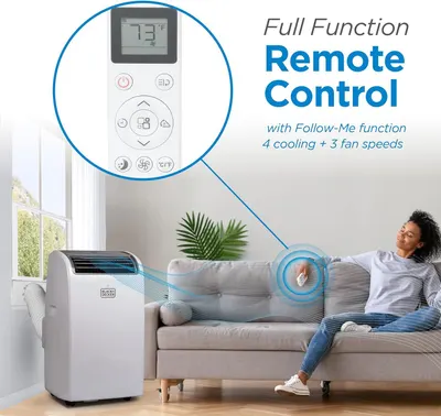 Highlights the convenience of the full-function remote control with Follow-Me technology, 4 cooling modes, and 3 fan speeds, reassuring shoppers they can easily control the air conditioner from…