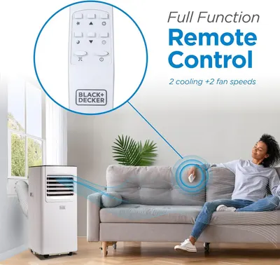 Highlights the convenience of full-function remote control with multiple cooling and fan speed options, reassuring shoppers they can easily adjust settings from anywhere in the room.