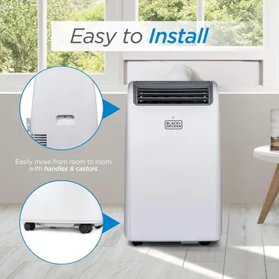 Communicates that the portable air conditioner is easy to install and can be easily moved from room to room using its built-in handles and castors, emphasizing convenience and flexibility.