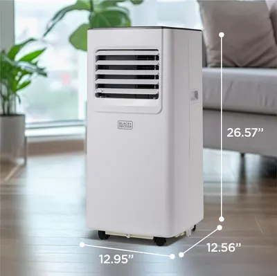 Communicates the exact physical dimensions of the portable air conditioner to help shoppers understand its size and ensure it fits their space.